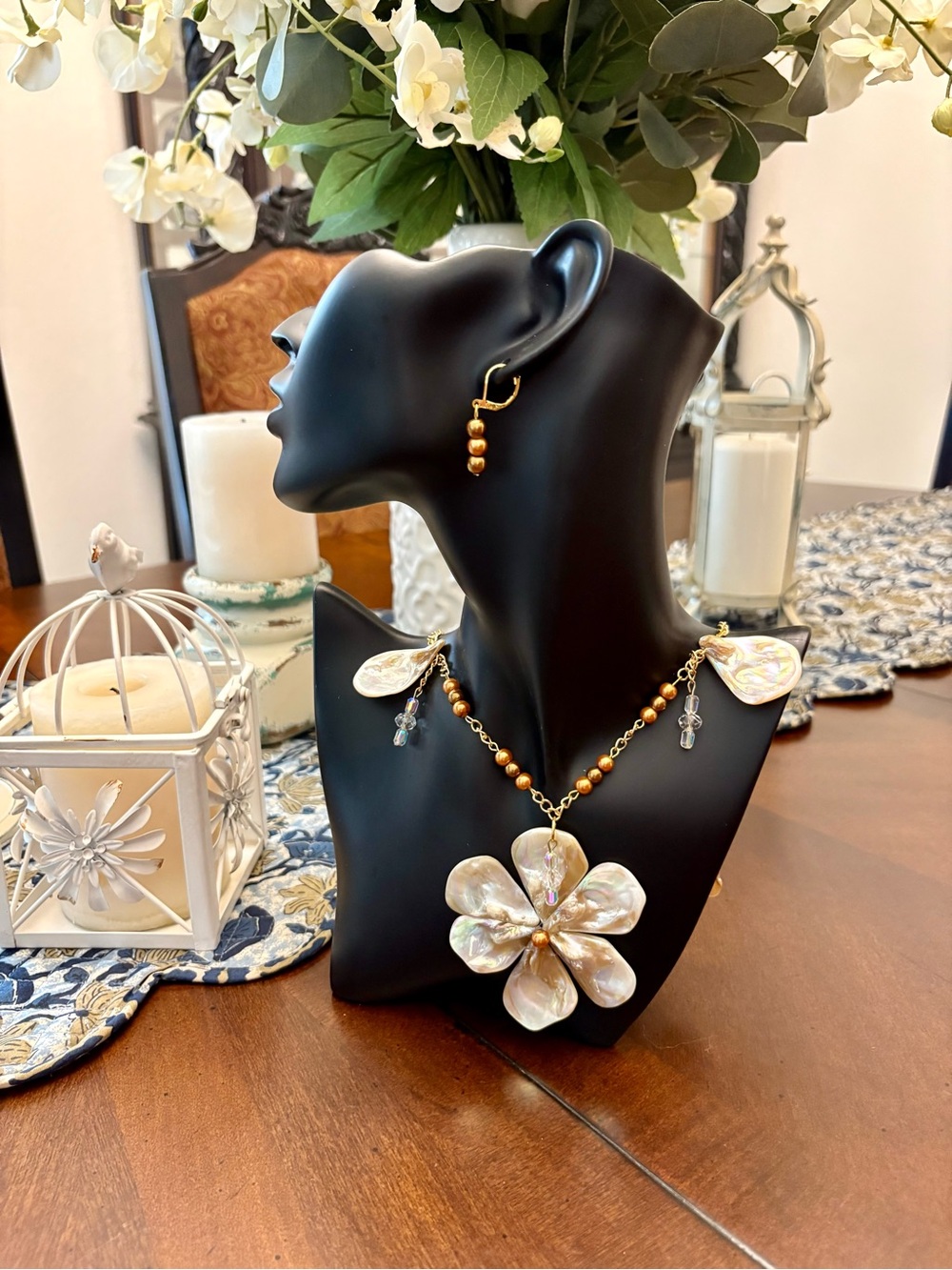 Mother of Pearl Floral Statement Necklace and Earring Set - Gold Accents